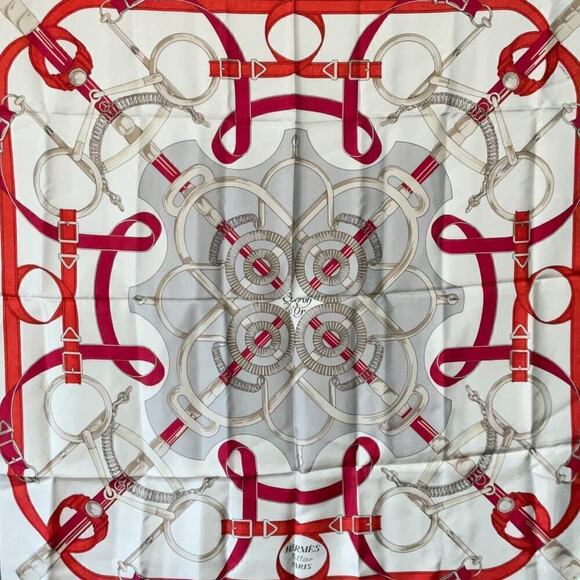 HERMES Carre "Eperon d’or" Silk Gray White Red 100% Silk Scarf 90cm Square - Picture 4 of 16